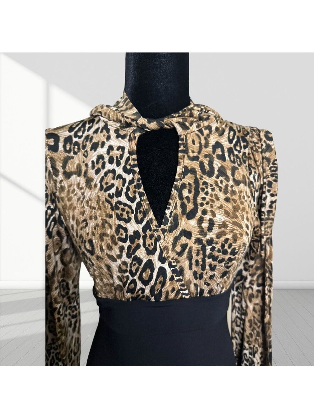 Seduction Leopard Print Black Bodycon Dress Tie Neck Long Sleeve | Size Small - Picture 6 of 8